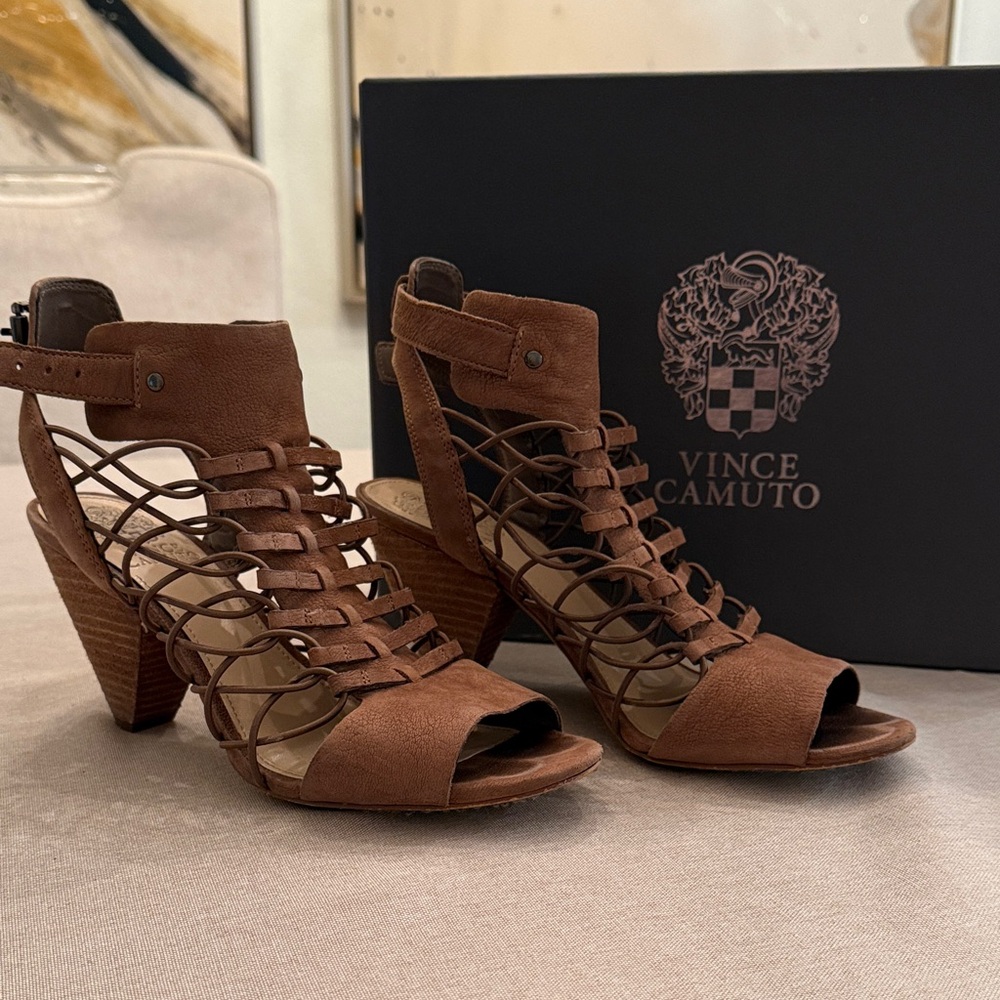 Vince Camuto Brown Suede Strappy Lace-Up Block Heel Sandals